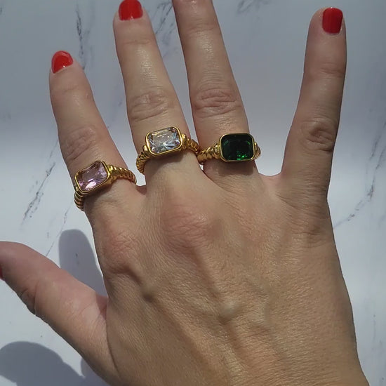Gold plated chunky diamond gemstone zircon ring. Tarnish free. Water proof. Available in colors green, pink or white