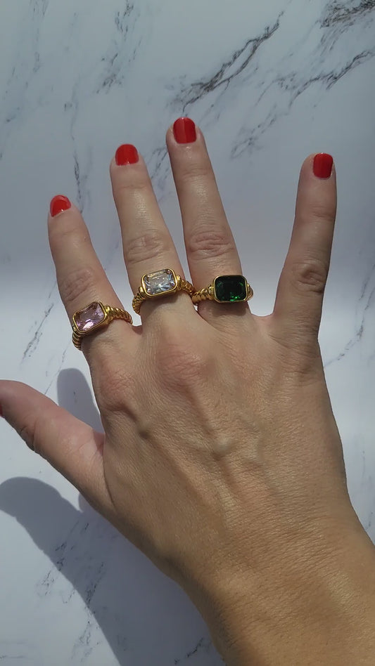 Gold plated chunky diamond gemstone zircon ring. Tarnish free. Water proof. Available in colors green, pink or white